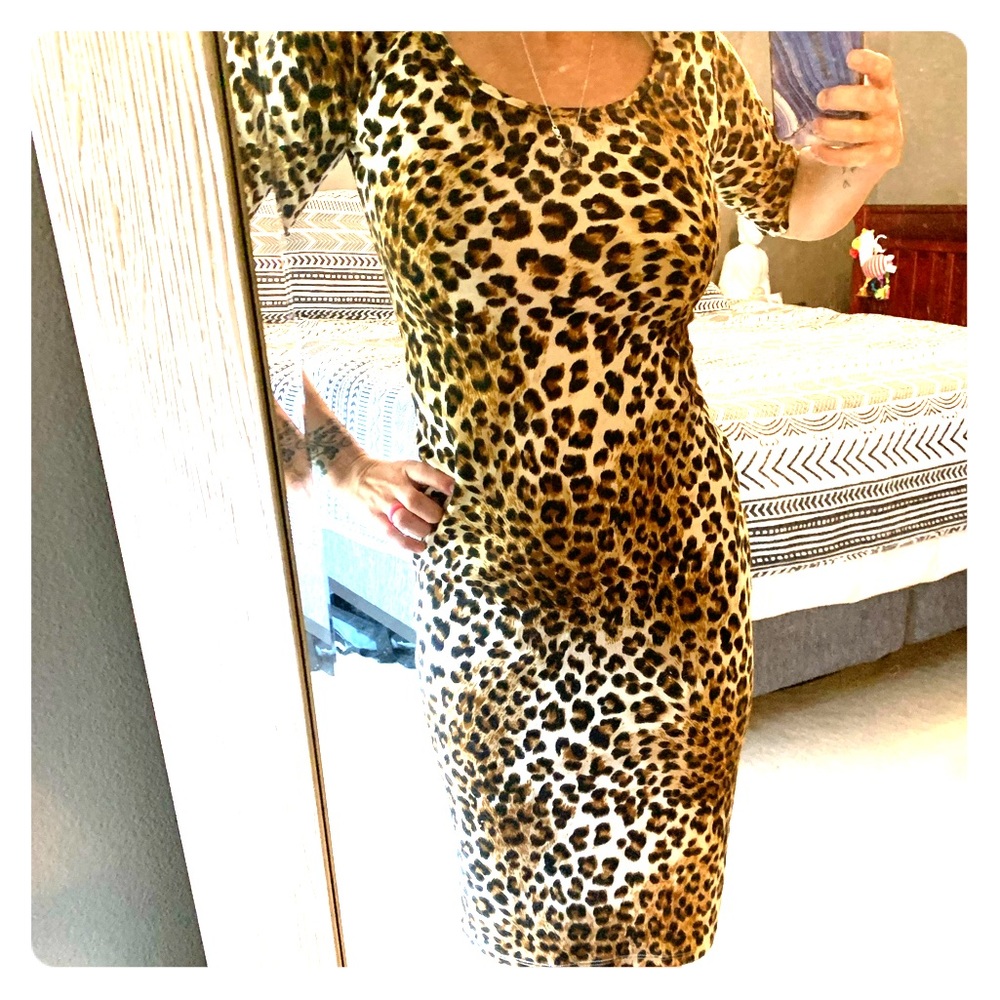 Sexy Leopard Cheetah Pencil Sweater Fitted Dress S